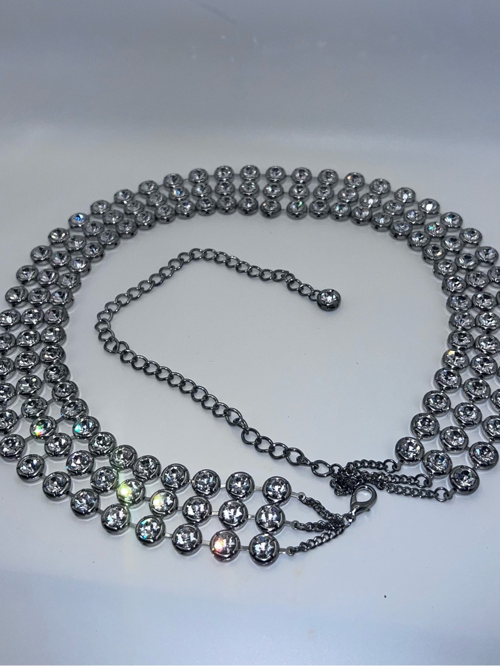 Rhinestone-Embellished Silver Tone Belt with Adjustable Chain